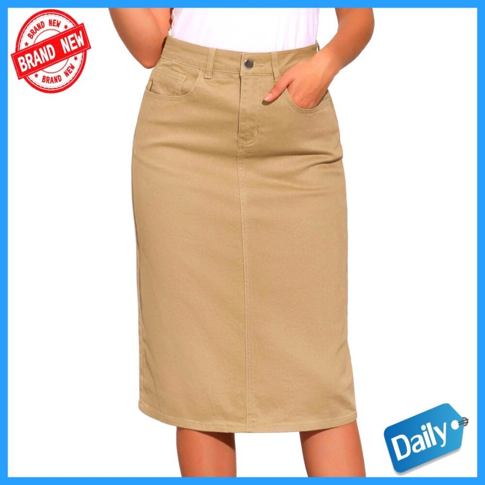High Waist Midi Denim Skirt with Back Split Pockets Regular Fit